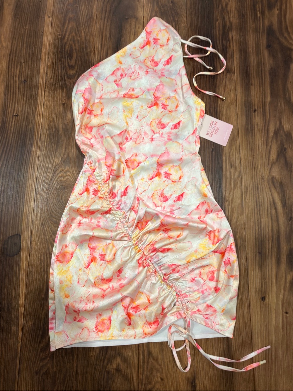Hello Molly Pink & Yellow Floral Ruched Satin Mini Dress